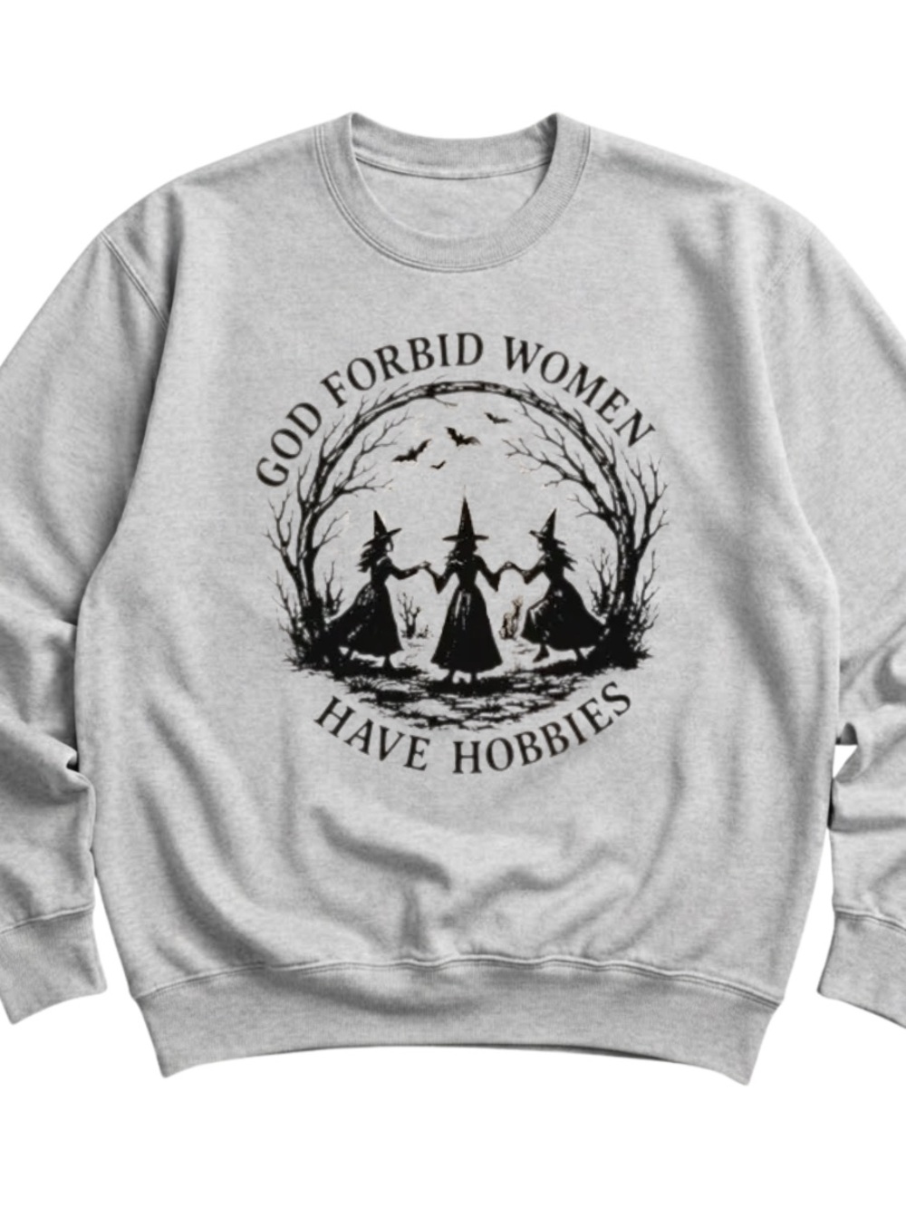 AshGray Crewneck with Black Witch Graphic